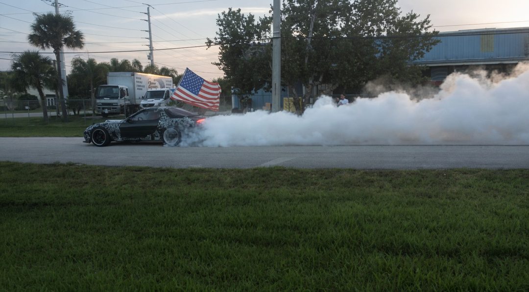 DigiCar RX-7 pulling a burnout with an American flag flying from the window